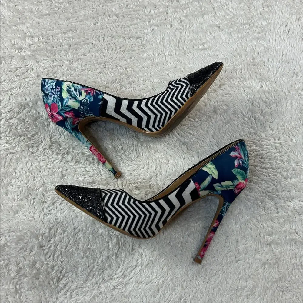 Shoe Republic LA floral zig zag glitter stiletto heels, size 8‎